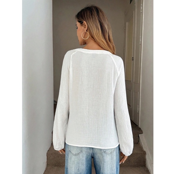 100% Cotton Embroidered White Long Sleeve Shirt V-Neck - Picture 11 of 14